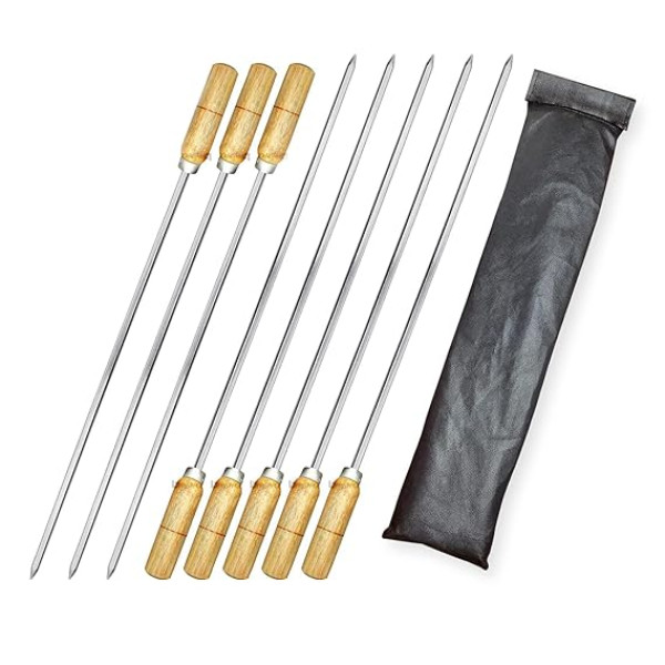 17-Inch Stainless Steel BBQ Skewers with Wood Handle, Kabab Sticks (Set of 8)