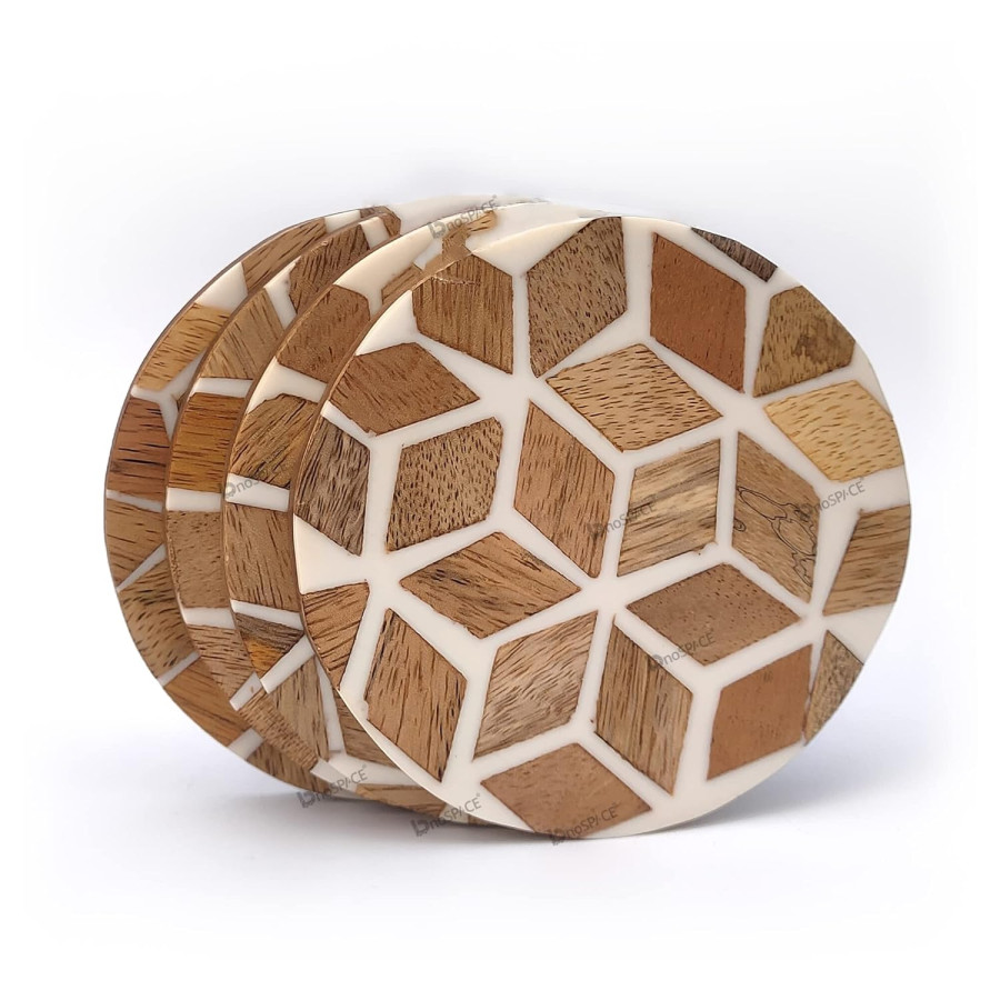 Handmade Round Wood & Resin Tea Coasters – Diamond Pattern (Set of 4)