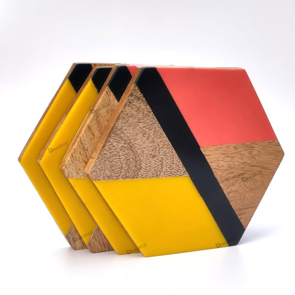 Hexagon Resin Style Tea Coasters with Wooden Texture Design – Set of 4